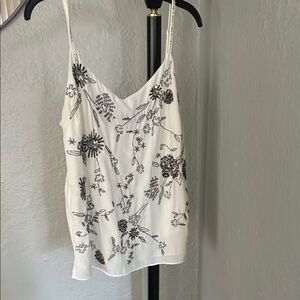 White House Black Market White Camisole with Black Beaded Floral Detail